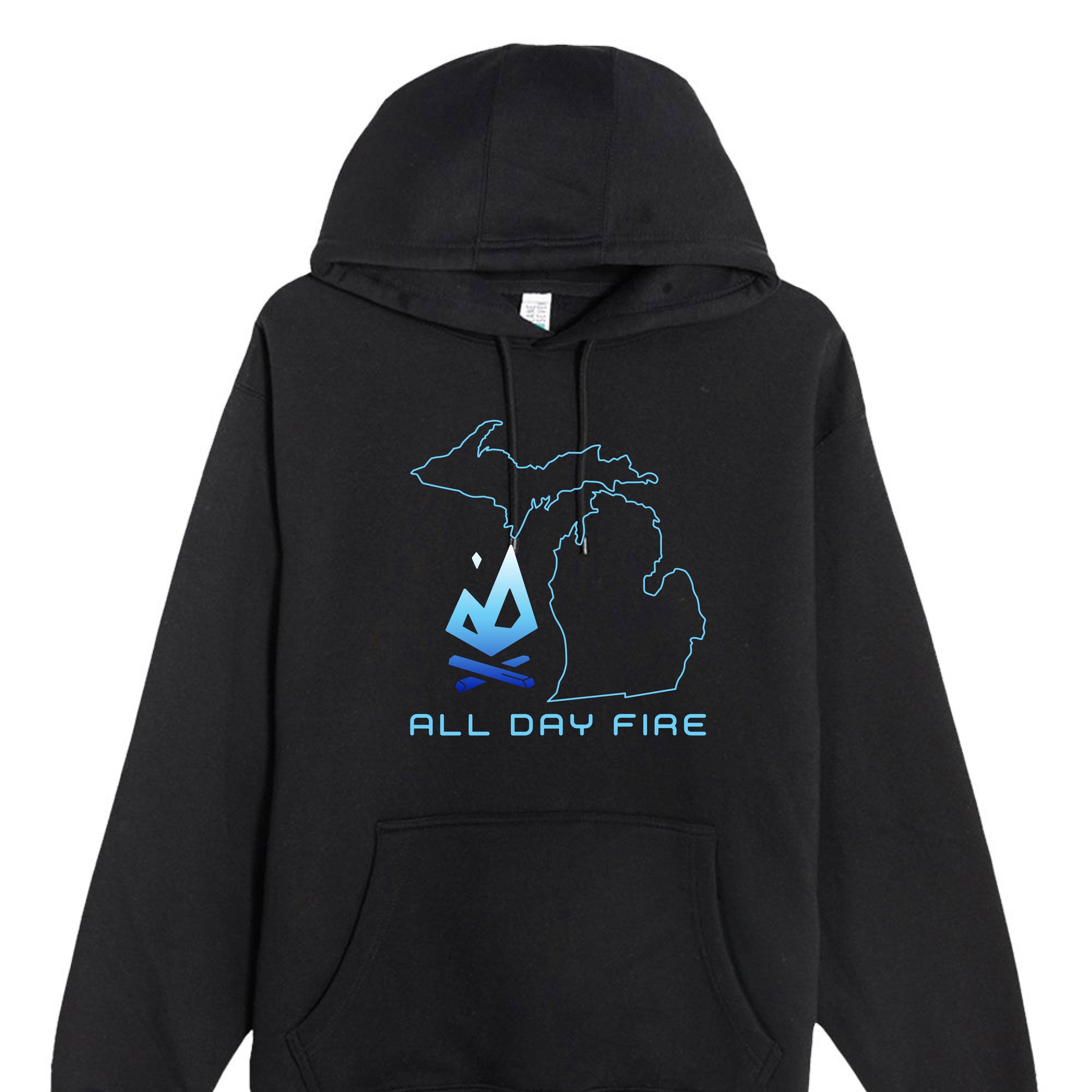 Black Michigan camping hoodie with campfire logo by All Day Fire Outfitters