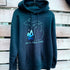 Navy Michigan camping hoodie with campfire logo by All Day Fire Outfitters