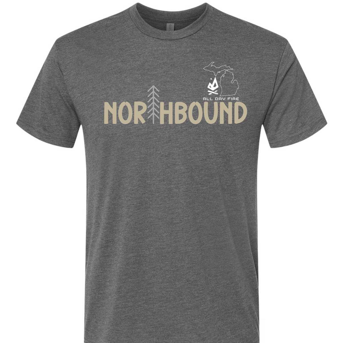 Northbound Michigan Edition t shirt by All Day Fire Outfitters featuring the Michigan outline and Northbound outdoor graphic design.