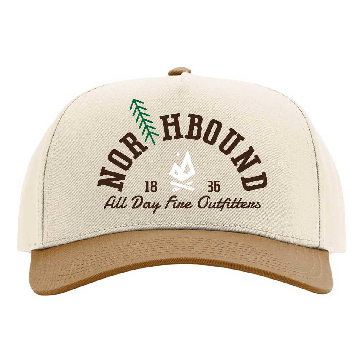 Northbound embroidered snapback hat by All Day Fire Outfitters featuring pine tree design on a cream crown with copper bill.