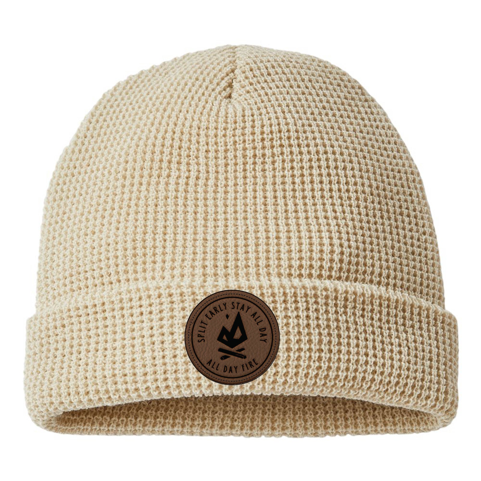 Birch waffle knit beanie with leather Split Early Stay All Day patch.