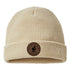 Birch waffle knit beanie with leather Split Early Stay All Day patch.