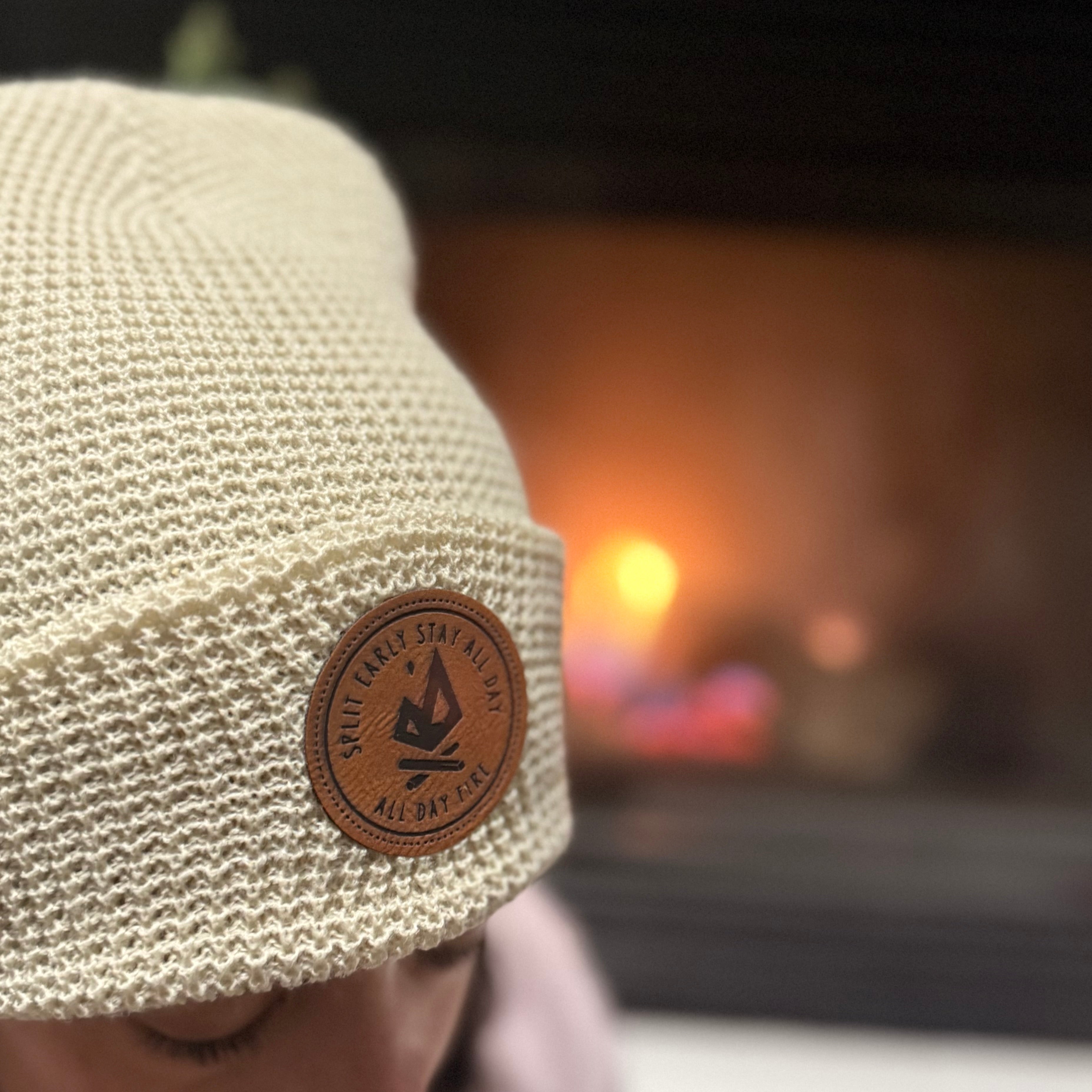 Birch waffle knit beanie with leather Split Early Stay All Day patch.