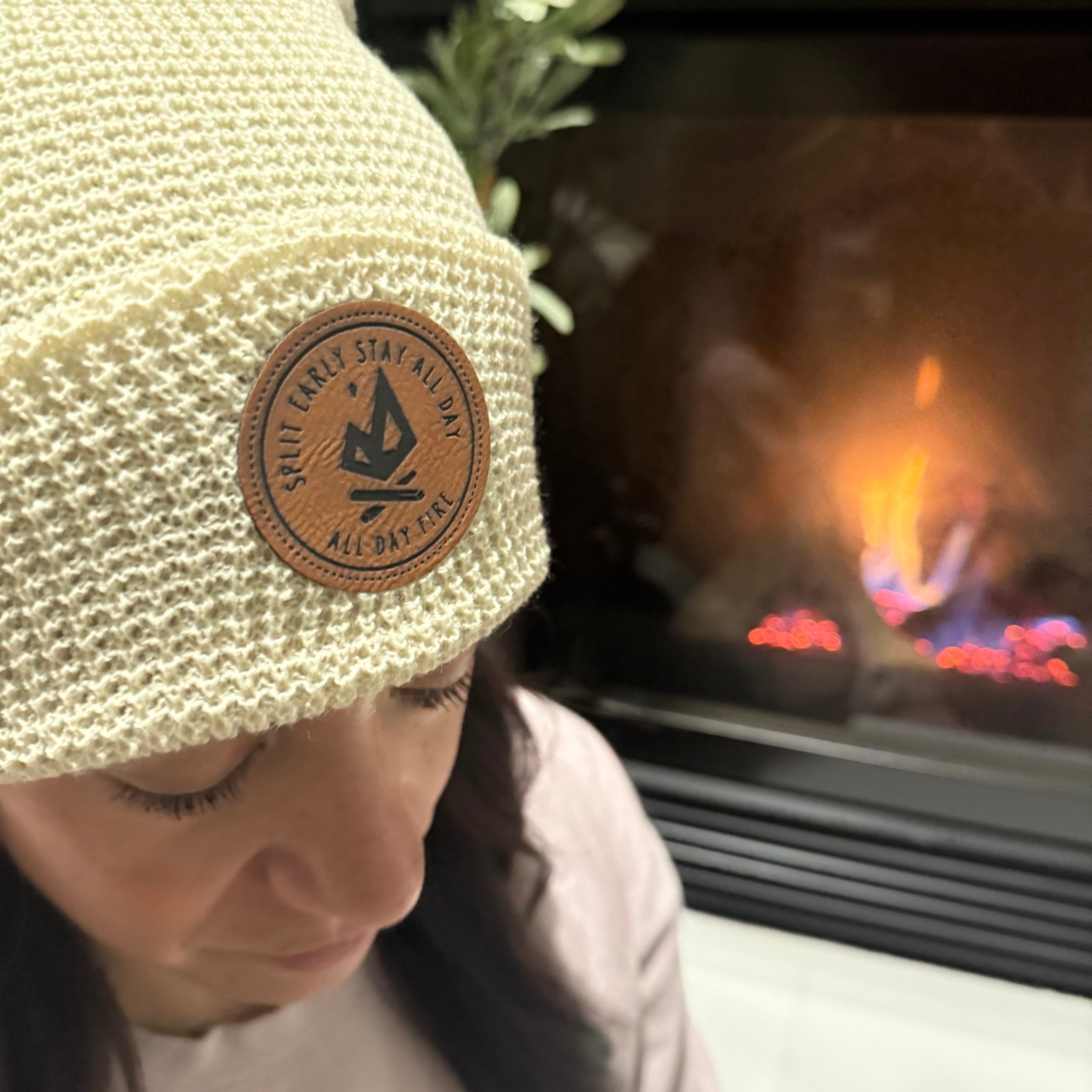 Birch waffle knit beanie with leather Split Early Stay All Day patch.