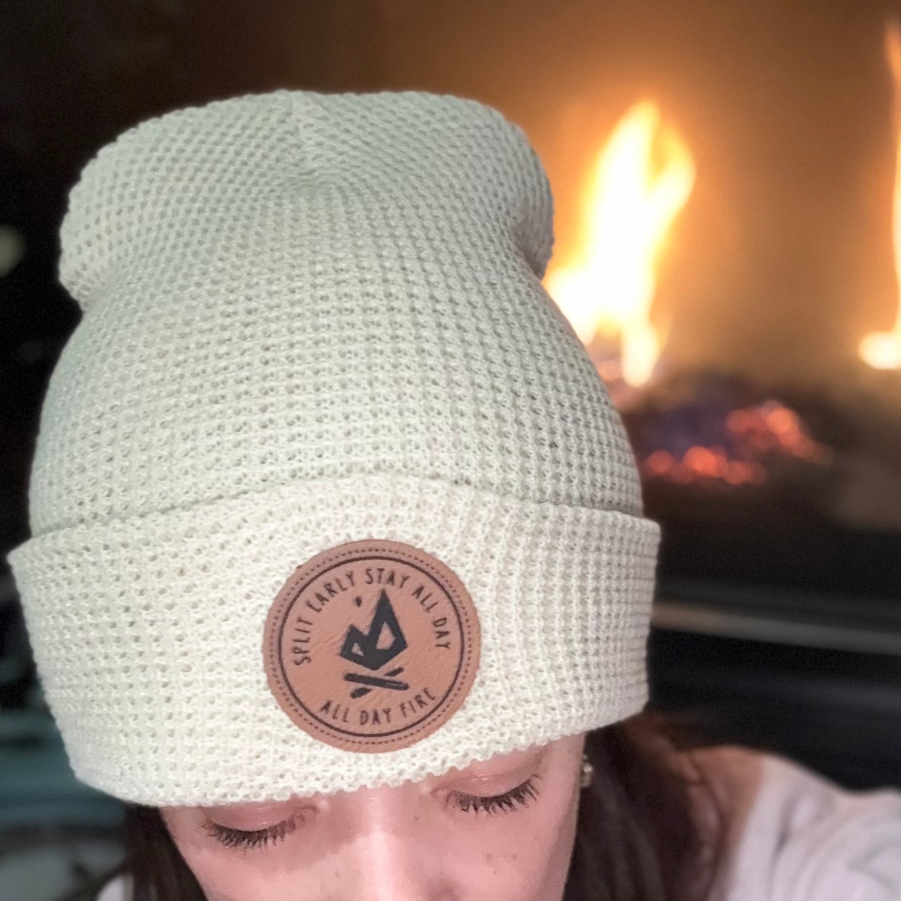 Birch waffle knit beanie with leather Split Early Stay All Day patch.