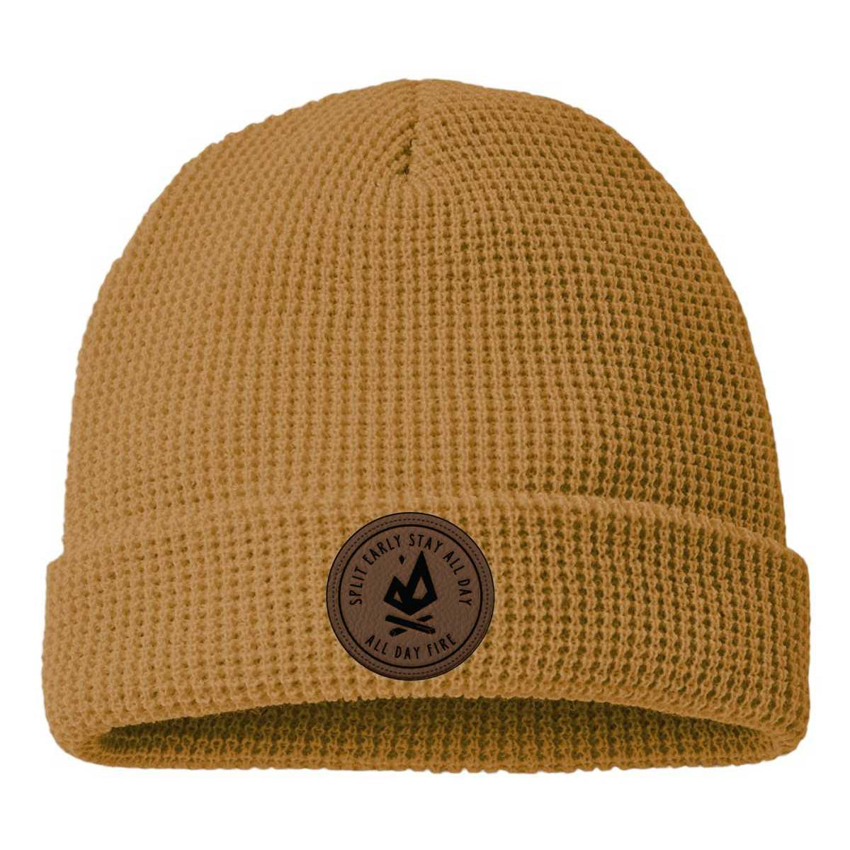 Camel waffle knit beanie with leather Split Early Stay All Day patch.