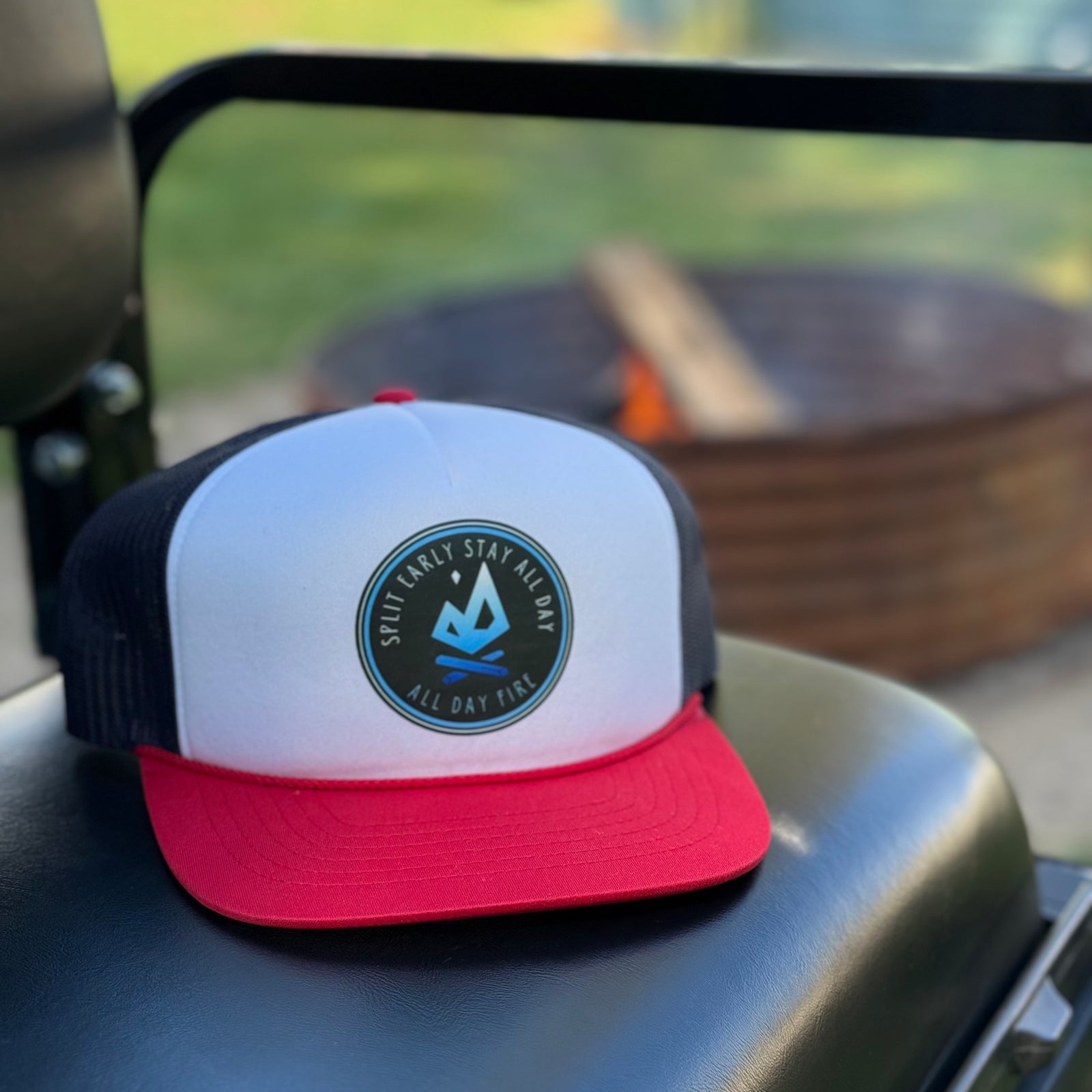 Red, white, and blue Richardson 113 foamie snapback with Split Early Stay All Day logo. Lightweight and breathable outdoor hat.