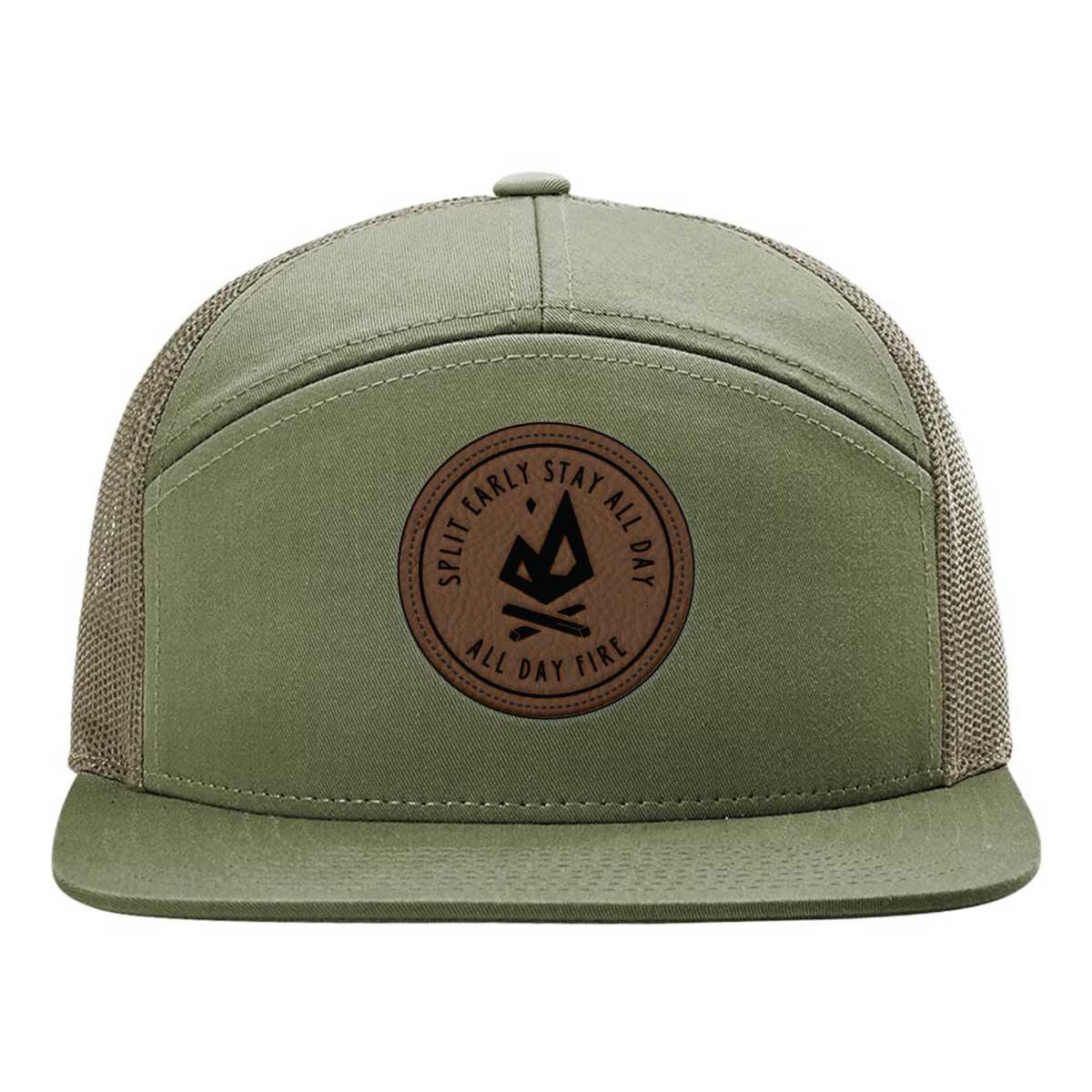 Split Early Stay All Day leather patch hat on a Richardson 112 5-panel. Olive green front with mesh back, built for camping and outdoor adventures.
