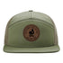 Split Early Stay All Day leather patch hat on a Richardson 112 5-panel. Olive green front with mesh back, built for camping and outdoor adventures.