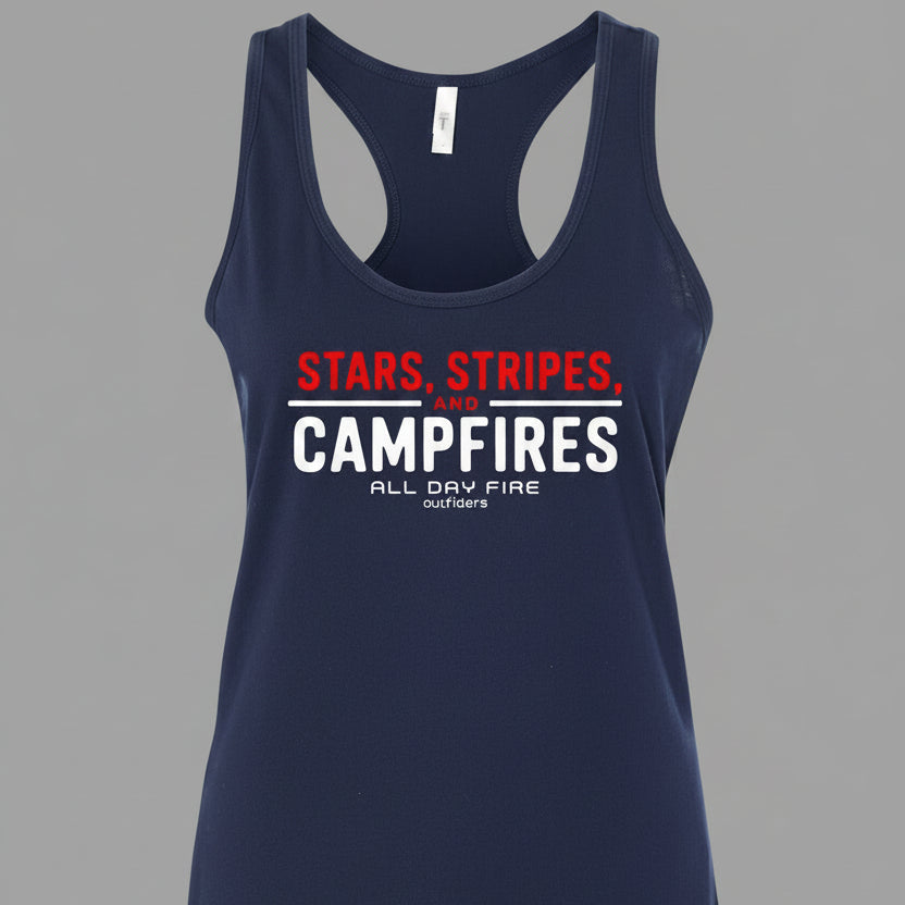 Navy Stars Stripes and Campfires women's racerback tank featuring patriotic outdoor artwork for camping and summer adventures.