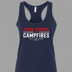 Navy Stars Stripes and Campfires women's racerback tank featuring patriotic outdoor artwork for camping and summer adventures.