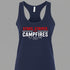Navy Stars Stripes and Campfires women's racerback tank featuring patriotic outdoor artwork for camping and summer adventures.