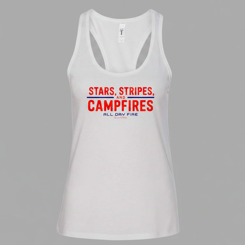 White Stars Stripes and Campfires women's racerback tank by All Day Fire Outfitters featuring a patriotic camping graphic.