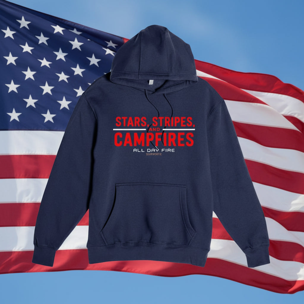 Navy Stars Stripes and Campfires hoodie featuring patriotic camping graphic by All Day Fire Outfitters