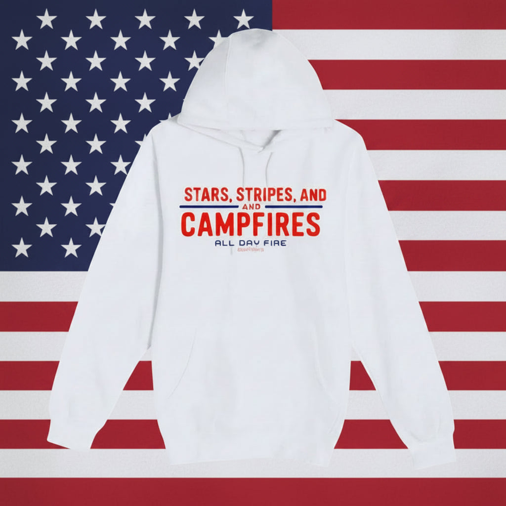 White Stars Stripes and Campfires hoodie featuring patriotic camping graphic by All Day Fire Outfitters